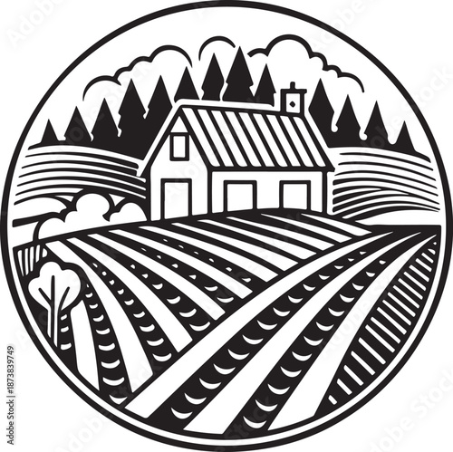 Farm landscape with house fields and trees in circle emblem logo design