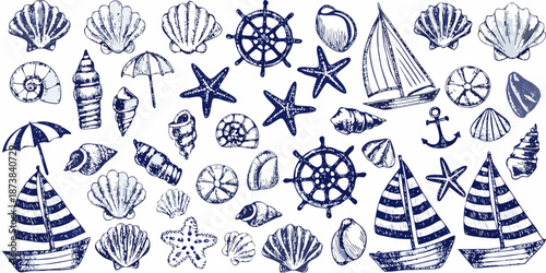 Nautical illustrations featuring seashells sailboats steering wheels and oceanic elements