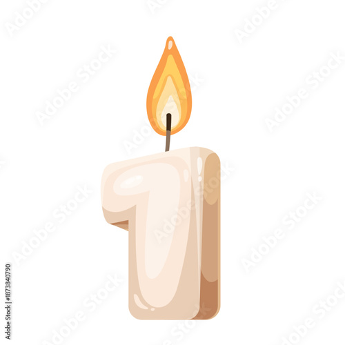 Shiny number one candle with warm flame in simple cartoon style, soft rounded shape and glossy highlight. Vector illustration of birthday decor, celebration mood and festive moment.