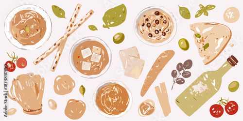 An illustrated arrangement of various mediterranean snacks and food items