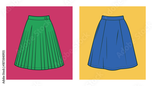 Two colorful skirts on vibrant backgrounds for fashion illustration