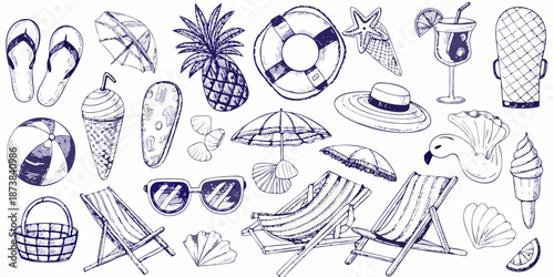 A collection of hand drawn summer vacation elements on a white background