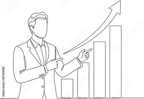 Continuous line drawing of business situation - businessman with microphone presenting rising chart. concept of business success through growth graph. ... 
