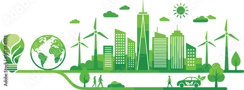 Green sustainable smart city illustration with renewable energy, wind turbines, eco transport, urban skyline, clean environment, future development concept