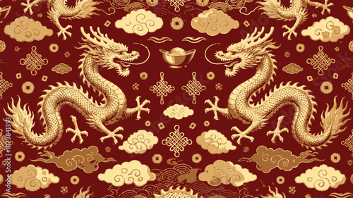 Golden dragons and clouds on red background with chinese elements seamless pattern with chinese dragon and chinese art and asian inspired and luxury texture