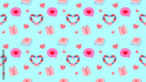 Seamless cute love pattern with hearts, gift boxes, books, and floral heart wreaths on a light blue background.Expresses romance, celebration, perfect for Valentine, wrapping paper, sweet backgrounds