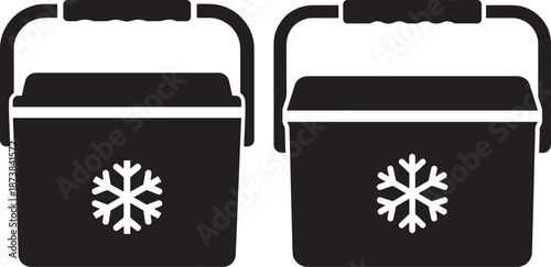 Portable cooler box icons with handle and snowflake symbol for camping and outdoor activities, vector illustration on white background.