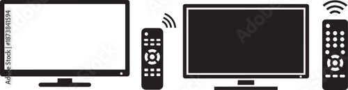 Black flat screen television and remote control icon set with wireless signal symbol, vector illustration isolated on white background.