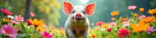 A happy pig surrounded by a rainbow of flowers , graphic, bloom