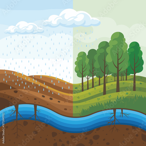 Comparative illustration of a landscape showing the effects of rainfall on dry soil versus a healthy green forest with a flowing river.
