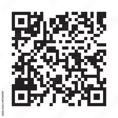 QR code icon. Fake template of quick responce matrix barcode in square grid. Mobile phone camera readable digital label isolated on white background. Vector graphic illustration