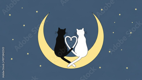 Two cats sitting on a crescent moon with a heart