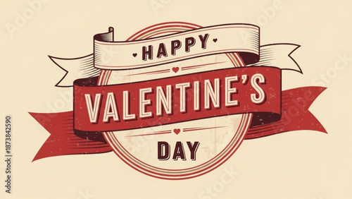 A festive Valentine's Day illustration features a red and beige emblem with ribbons and banners on a light background.