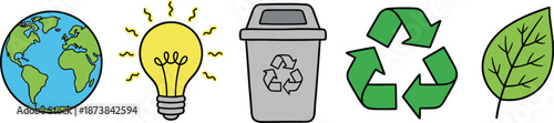 Eco friendly sustainability icons set, earth energy recycling symbols, environmental protection concept, green living, renewable resources illustration