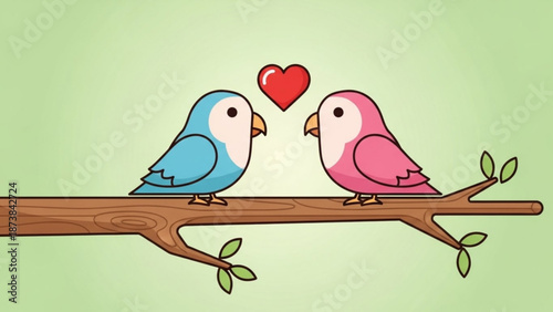 Two birds sitting on a tree branch with a heart above them