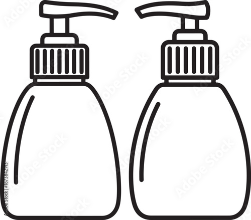 Liquid soap or lotion pump dispenser bottle line art icons for bathroom and hygiene product design, vector illustration.