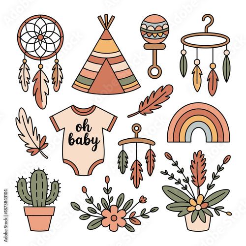 Boho style baby shower and nursery decor items including a dreamcatcher, teepee, rainbow, baby bodysuit, and floral arrangements in earth tones.