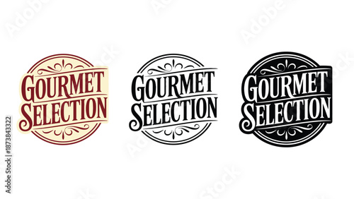 Three gourmet selection logos in different colors on a white background