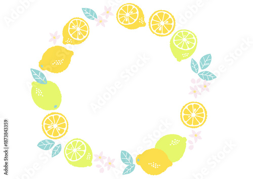 レトロ風のシンプルでポップなレモンのイラスト　丸いフレーム