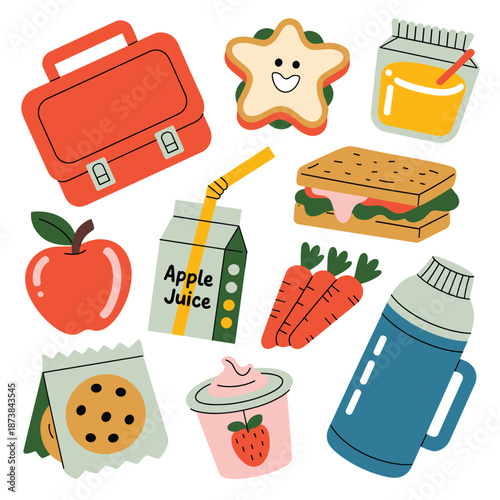 School lunch box and healthy snacks collection featuring a lunchbox, sandwich, juice, apple, carrots, and a cookie on white.