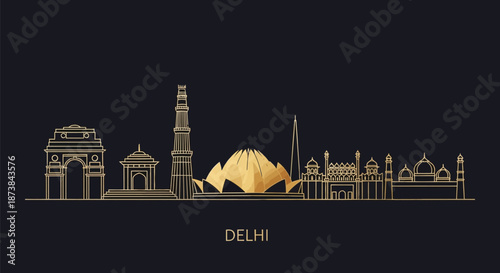 Gold line art illustration of Delhi's iconic landmarks on a black background with the city's name.