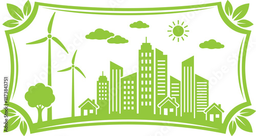 Green eco city illustration with decorative leaf frame, wind turbines, sustainable urban skyline, renewable energy, nature friendly design