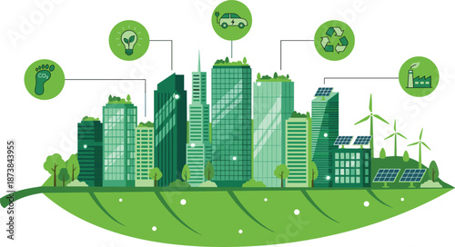 Smart green city illustration, sustainable urban development with renewable energy, electric car, recycling, solar panels, wind power