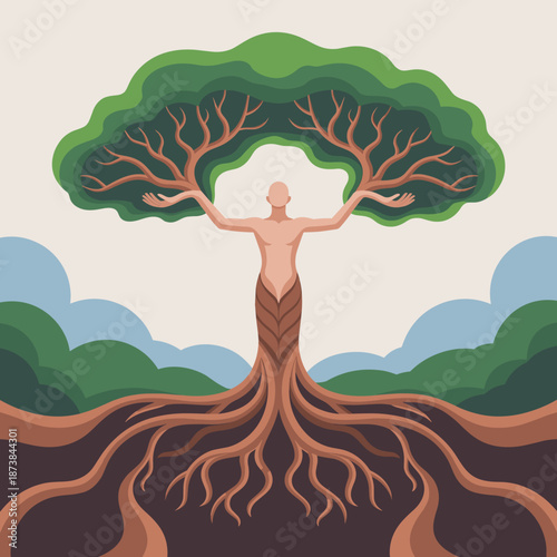 Artistic illustration of a human figure transforming into a large tree with roots reaching deep and branches becoming the crown.