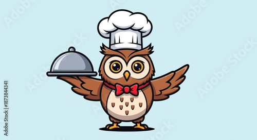 Cartoon owl wearing chef hat and red bow tie holds silver serving dish on light blue background.