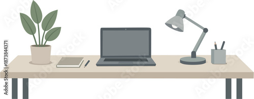 A clean and organized desk with a laptop, plant, lamp, and notebook, perfect for home office or study setup