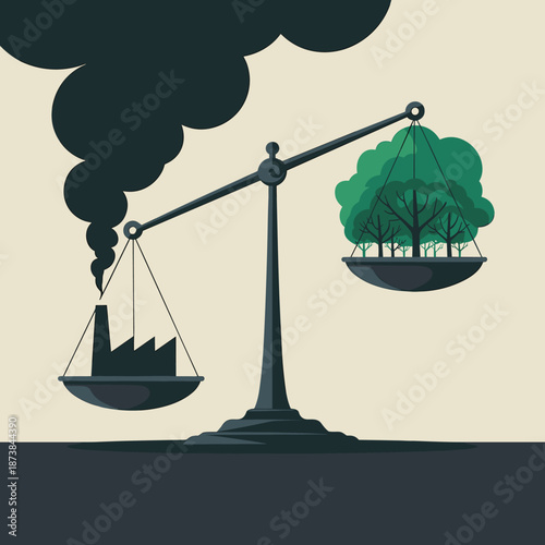 Illustration of a balance scale comparing industrial pollution from a factory with the positive impact of a healthy green forest.