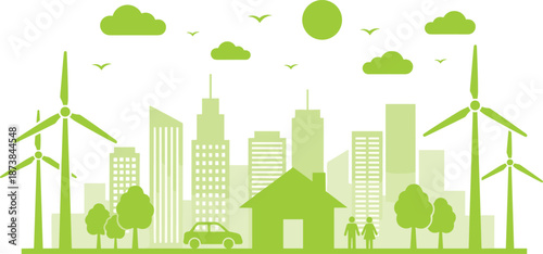 Eco friendly city illustration, sustainable urban skyline with wind turbines, green energy, clean environment, modern flat design