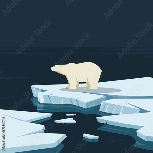 Solitary polar bear stands on a small floating ice floe in the middle of a dark cold ocean during an Arctic night under a dark sky.