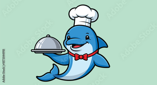 A cartoon dolphin wearing a chef's hat and red bow tie holds a covered serving dish on a plain mint green background.