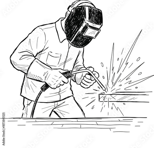 Black and white illustration of a welder in protective gear with welding torch
Welder silhouette performing metal welding, industrial fabrication illustration, construction and engineering concept, 