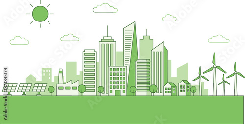 Green sustainable city illustration, renewable energy skyline, solar panels, wind turbines, eco urban development, clean environment future design