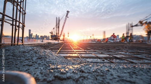 Captivating construction site at sunset. Wet cement foreground contrasts with city skyline and setting sun. Steel grids add texture, while workers oversee progress.