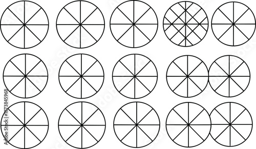 Geometric circle segment icons with radial lines and sliced shapes, perfect for charts, diagrams, symbols, and modern minimalist vector design