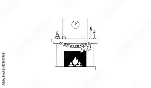 Minimal Christmas fireplace vector illustration in modern flat interior style