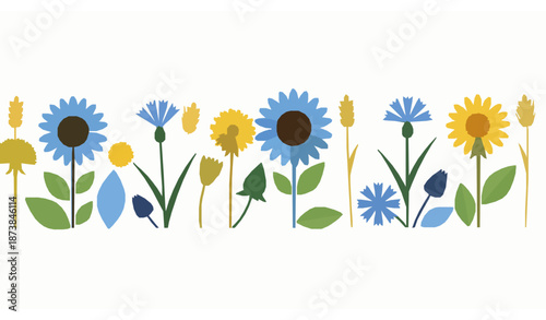 Modern flat floral horizontal seamless border vector with sunflowers flowers and wheat
