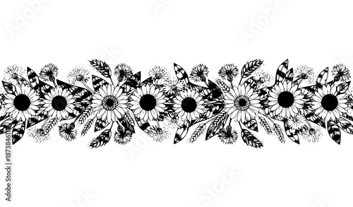 Decorative floral and wheat horizontal seamless border vector in rustic meadow style