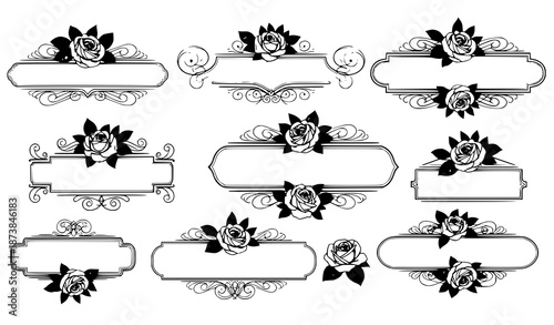 Vintage calligraphic vignettes vector set with pink roses and Victorian ornaments