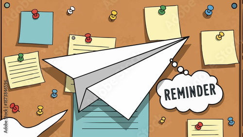 Paper airplane with reminder message on corkboard.