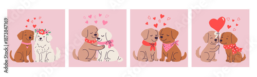Cute Dog Couple in Love: Kisses, Heart Balloons, and Floral Crown