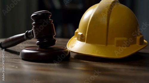 Gavel and hard hat on wooden table in legal office setting at daytime demonstrating construction law themes