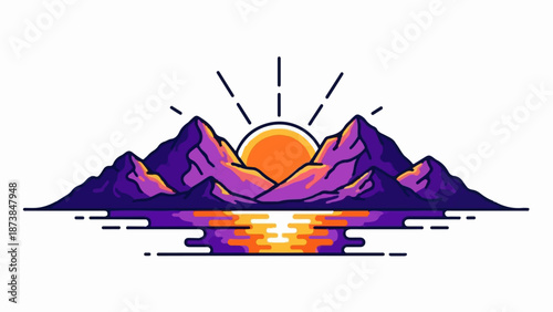Minimalist mountain sunrise over reflective water with stylized rays