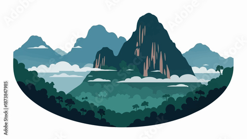 Misty, verdant mountains rise above a serene, cloud-filled valley landscape