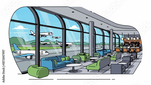 Modern airport lounge with large windows overlooking a runway with multiple aircraft