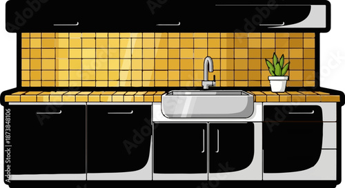 Modern kitchen counter with sink, golden tiles, and a potted plant