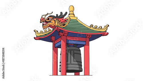 Ornate pagoda structure with a dragon head adornment and a large bell suspended within